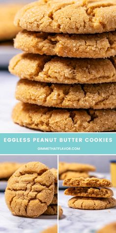 eggless peanut butter cookies stacked on top of each other with the words, eggless peanut butter cookies