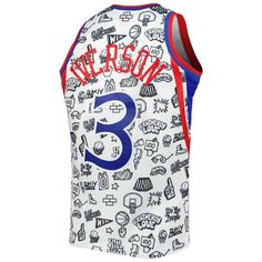 Stand out from the crowd at the next Philadelphia 76ers game or watch party by grabbing this Allen Iverson Hardwood Classics Doodle Swingman jersey by Mitchell & Ness. This jersey highlights one of your all-time favorite players throughout the storied history of your favorite franchise. Complete with tackle-twill Philadelphia 76ers graphics, this stylish jersey shows that you're more than just a casual fan. Brand: Mitchell & Ness Tackle-twill applique Machine wash, line dry Officially licensed M Cotton Sleeveless Jersey For Streetwear, Sleeveless Cotton Jersey For Streetwear, 76ers Jersey, Jersey Collection, Brandon Ingram, Youth Game, Personalized Jersey, Allen Iverson, James Harden