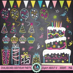 chalkboard birthday party clipart set with cake, candles and presents on blackboard