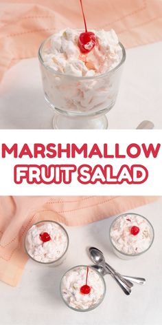 marshmallow fruit salad in small glass bowls with spoons and cherry on top