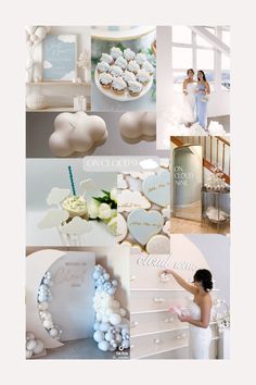 a collage of photos with white and blue decorations