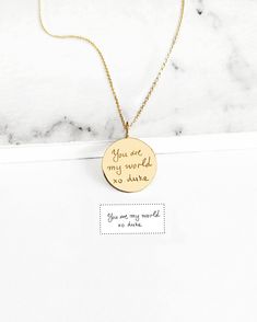 14mm 14K 9K Handwriting Charm Necklace, Personalized Handwritten Pendant, Engraved Disc Necklace, Custom Handwriting Jewelry, Solid gold layering necklace, BFF Gift, Gift for her, FREE EXPRESS SHIPPING Dainty solid gold disc charm necklace engraved with YOUR handwritten message. A personal and beautiful gift for every occasion! ------------------------------------------- D E T A I L S 14K Solid Gold or 9K Solid Gold Disc diameter: 14mm / approx. 0.55'' Personalized Handwriting - Both sides can b Engraved 14k Gold Charm Necklace For Anniversary, Gold Charm Necklaces With Engraving Option, 14k Gold Nameplate Necklace With Engraving Option, Gold Round Charm Necklaces With Engraving Option, Wedding Charm Necklace In 14k Gold Engraved, Gold Plated Engraved Necklaces For Personalized Gift, Personalized Engraved Gold-plated Necklaces, Personalized Engraved Gold-plated Necklace, Personalized Engraved Gold Plated Necklace