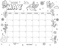 the may calendar with flowers and birds