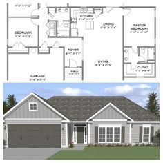 two story house plans with garage and living room in the front, one bedroom on the second