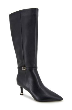 A buckled ankle strap adds modern sophistication to a knee-high leather boot balanced by a pointy toe and tapered heel. 2 1/2" heel 15" shaft; 15 1/4" calf circumference Side zip closure with elastic gore inset Cushioned footbed Leather upper/synthetic lining and sole Imported Kenneth Cole Boots Women, Leather Boots Outfit, Knee High Leather Boots, Leather Boot, Boots Outfit, Kenneth Cole, Knee High Boots, Side Zip, Leather Boots