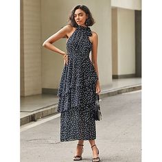 Season:Summer; Fabric:Chiffon; Sleeve Length:Sleeveless; Gender:Women's; Style:Elegant; Occasion:Date,Vacation,Party; Fit Type:Loose Fit; Dresses Type:A Line Dress; Pattern:Polka Dot; Design:Tiered; Neckline:Halter Neck; Brand:Ador; Front page:FF; Listing Date:04/10/2024; Bust:null; Length:null; Waist:null; Special selected products:Clearance; Fit US Size:null; Fit UK Size:null; Fit EU Size:null; Dress Length Type:Maxi Dress; Print Type:Print Sleeveless Ruffled Chiffon Dress For Vacation, Sleeveless Polka Dot Maxi Dress For Party, Polka Dot Sleeveless Maxi Dress For Party, Sleeveless Chiffon Dress For Garden Party, Polka Dot Sleeveless Summer Party Dress, Polka Dot Sleeveless Dress For Summer Party, Chic Polka Dot Sleeveless Summer Dress, Black Sleeveless Chiffon Dress, Elegant Sleeveless Polka Dot Maxi Dress