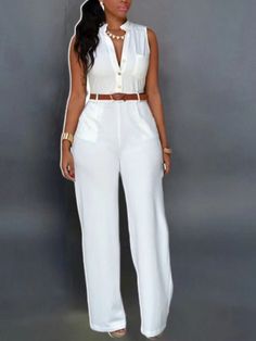 Elegant V-neck Jumpsuit For Beach, Elegant V-neck Jumpsuits And Rompers For Beach, Chic White Non-stretch Jumpsuits And Rompers, White Non-stretch Sleeveless Jumpsuit, White Solid Color Jumpsuits And Rompers For Party, Sleeveless One Piece, Shirt Jumpsuit, Trousers With Belt, Girls Streetwear