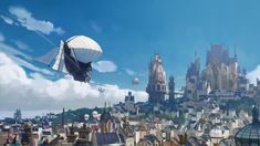 an animated image of a city with hot air balloons in the sky and some buildings