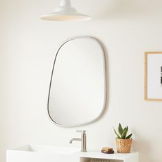 a bathroom with a sink, mirror and potted plant