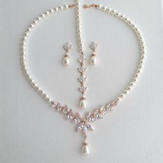 Rose Gold Pearl Necklace and Earrings Wedding Jewelry Set