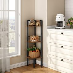 a kitchen area with a microwave, toaster and various food items on the shelves