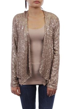 31065 Gold/Champagne Sequin Jacket Available in Champagne and Midnight Fitted Open Front Cardigan For Party, Chic Cardigan For Spring Party, Chic Spring Cardigan For Parties, Fitted Cardigan For Fall Party, Fitted Cardigan For Festive Fall Occasions, Winter Party Cardigan With Open Front, Fitted Cardigan For Festive Fall Season, Fitted Fall Cardigan For Festive Occasions, Winter Open Front Cardigan For Party