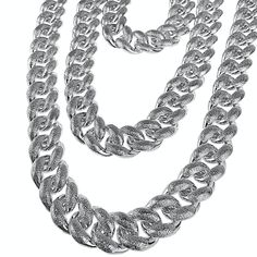 Men's bubble cuban hip hop chain. Choose from: 18", 20" or 30" x 16mm thick. Silver tone rhodium plated over alloy metal. Features a dazzling diamond dust finish. Does not contain any actual diamonds. Nice and solid weight at: 18"=133 grams, 20"=147 grams, 30"=220 grams. Stylish box clasp to lock your necklace. 100% FREE SHIPPING in USA. Order now! Crochet Necklace Pattern, Hip Hop Chains, Modern Crochet Patterns, Diamond Dust, Necklace Patterns, Box Clasp, Modern Crochet, Chain Silver, Cuban Link Chain