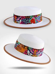 Straw Hat Retro Ethnic Style Embroidery Flower Beach Hat Spring and Summer Basin Hat Adjustable Multicolor Panama Hat For Spring, Multicolor Hat Bands For Beach In Spring, Embroidered Straw Hat For Beach With Short Brim, Beach Sun Hat With Embroidered Short Brim, Traditional Fedora Panama Hat For Summer, Embroidered Sun Hat With Short Brim For Vacation, Embroidered Short Brim Beach Hat, Embroidered Straw Hat With Curved Brim For Summer, Embroidered Wide Brim Straw Hat For Beach