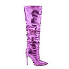 Shop Neon Metallic Purple Pointed Toe Slouch Boots Stiletto Heel Knee High Boots color Purple for Anniversary, Going out, Hanging out with worldwide Free shipping & Free return. Purple Knee-high Party Boots, Purple Pointed Toe Evening Boots, Purple Heeled Boots For Fall Party, Purple Boots For Night Out, Purple Boots For Fall Party, Chic Purple Boots For Night Out, Purple Pointed Toe Boots For Night Out, Glamorous High Heel Purple Boots, Chic Purple Pointed Toe Boots