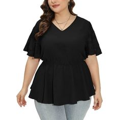 Material: This babydoll top is crafted from high-quality, non-see-through fabric, ensuring both comfort and modesty. This plus loose fit top's premium material offers durability and breathability, making it perfect for all-day wear. Stylish Design: With its lace panel bell sleeves, flattering V-neckline, and cinched waist with a peplum flared hem, this plus-size top boasts a stylish and elegant design that accentuates curves and adds a touch of sophistication to any ensemble. Occasion: Perfect for a range of occasions, from casual outings to more formal events. Whether you're heading to brunch with friends or a dinner date, this versatile plus size tunic top effortlessly transitions from day to night. Easy Match: Pair this casual curvey blouse effortlessly with your favorite jeans or trous Chiffon Tunic Top, Womens Peplum Tops, Casual Blouses, Chiffon Tunic, Peplum Tops, Plus Size Lace, Tops Plus Size, Lace Short, Loose Fitting Tops