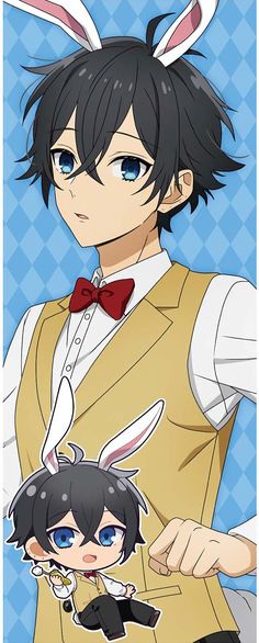 an anime character with bunny ears on his head and rabbit ears on his chest, holding a