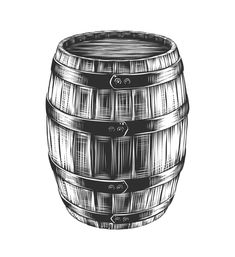 Vector engraved style illustration for posters, decoration and print. Hand drawn sketch of barrel of wine with a splash, monochrome isolated on white background. Detailed vintage woodcut style Barrel Drawing, Spirits Bottle Design, Vector Technology, Whiskey Barrel, Art Graphic Design, Bottle Design