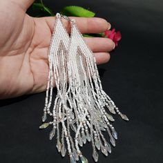 Exclusive Wedding Earrings/7 Inches Extremely Long Silvery - Etsy Ombre Earrings, Earrings Beads, Beaded Tassel Earrings, Long Tassel Earrings, Thread Earrings, Exclusive Wedding, Back Jewelry, Sparkle Earrings, Long Dangle Earrings