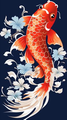 a red fish with white and blue flowers on it's back legs is swimming in the water