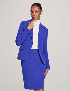 From the office to after-hours engagements, thisÂ Royal Saphire Skirt Suit SetÂ effortlessly embodies the essence of sophistication. Its versatile design allows you to create various looks, whether paired together for a polished ensemble or mixed and matched with other wardrobe staples to unleash your personal style. Jacket: Single button closure Single breasted Two front pockets Shoulder pads Faux buttons on sleeve Length: 24" Skirt: Invisible back zipper with hook and eye closure Two side pock