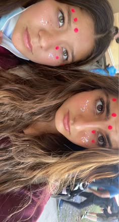 Face Paint Spirt Week, Pink Out Cheer Makeup, Face Paint Fb Game, Football Dots Face Paint, Face Glitter Football Game, Homecoming Paint Face, Game Day Dots On Face, Spirit Makeup Football, Glitter On Face Football Game