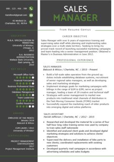 a professional resume for sales manager in green and black colors, with the words sales manager on