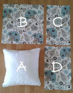 four pillows with letters on them sitting next to each other