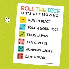 a roll the dice game is shown on a green background with polka dots and two dices