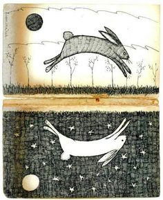 two drawings of animals in the grass and one is jumping up into the air to catch a ball