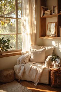 Reading nooks cozy window seat bathed in sunlight cozy coffee corner reading nooks with armchair and throw blanket Piano In Corner Of Living Room, Reading Nook Guest Room, Reading Nook Armchair, Bay Window Book Nook, Reading Corner Inspiration, Small Cozy Reading Corner, Cozy Reading Corners In Small Spaces, Small Corner Reading Nook, Small Space Reading Nook