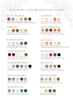 wedding color palette info sheet for the bride and grooms to choose from, with their names