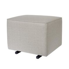 a small square footstool with black legs and a light gray fabric upholstered seat