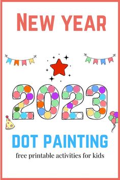 the new year poster for dot painting is shown in red, white and blue colors