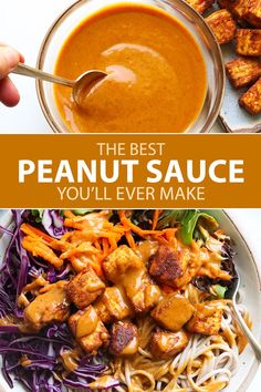 the best peanut sauce you'll ever make is in a bowl with noodles and carrots