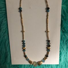 Beautiful Long Handmade Beaded Gold And Turquoise Necklace. Bohemian Turquoise Necklaces, Bohemian Blue Beaded Necklace, Turquoise Beaded Chain Long Necklace, Turquoise Long Necklace With Beaded Chain, Turquoise Jewelry With Colorful Metal Beads, Adjustable Turquoise Necklace With Gold Beads, Adjustable Turquoise Necklaces With Gold Beads, Faceted Beads Long Necklace For Beach, Long Necklace With Faceted Beads For Beach