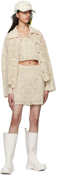 Open crocheted organic cotton jacket. · Spread collar · Button closure Supplier color: Ecru Summer Lookbook, Knit Fashion, Vintage Crochet, Cotton Jacket, Crochet Cardigan, Tall Boots, Fashion Details, Moda Fashion, Luxury Streetwear