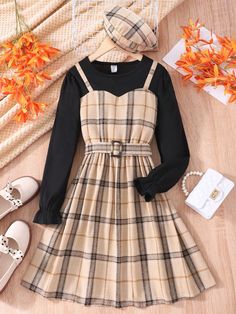 Tween Girl  Solid Color Patchwork Long Sleeve Casual Vacation Dress Khaki   Long Sleeve Fabric  A Line Non-Stretch  Tween Girls Clothing, size features are:Bust: ,Length: ,Sleeve Length: Long Sleeve Shirts Aesthetic, Retro Plaid Dress, Latest Fashion Dresses, 21st Dresses, Long Sleeve Plaid Shirt, Tween Outfits