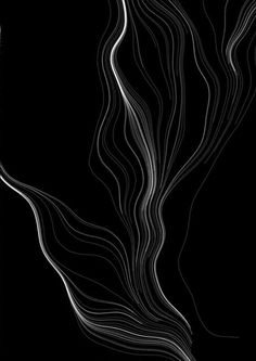 an abstract black and white image with lines in the shape of wavy shapes on a dark background