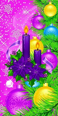 a christmas tree with purple candles and ornaments on the branches, in front of a pink background