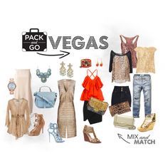 there are many different types of women's clothes and shoes on display with the words pack vegas