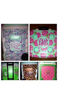 four pictures of different types of suitcases and boxes with monogrammed designs on them