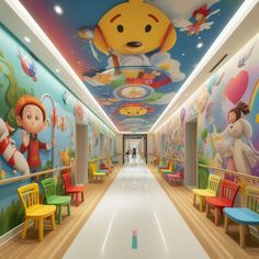 the hallway is decorated with colorful murals and children's furniture