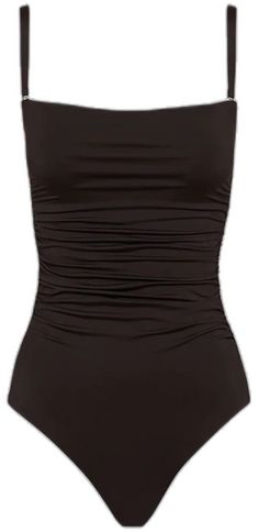 Black Sleeveless Tankini With Ruched Back, Fitted Black Tankini With Ruched Back, Chic Ruched Stretch Tankini, Chic Stretch Ruched Tankini, Elegant Black Swimwear With Ruched Back, Black Ruched Bandeau Swimwear, Elegant Ruched Stretch Tankini, Stretch Bandeau Ruched Tankini, Elegant Strapless Ruched Swimwear