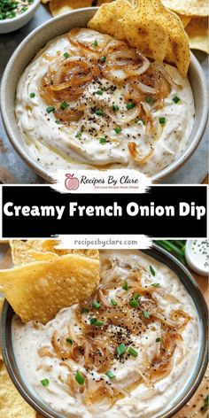 creamy french onion dip in a bowl with chips