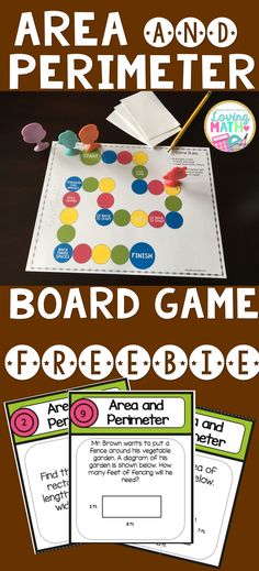 a board game with the words area and perimeter on it, along with two pieces of paper