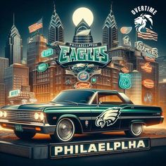 an old car is on display in front of the philadelphia eagles logo and cityscape