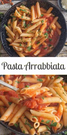 two pictures of pasta with tomato sauce and parmesan cheese on the side, in a skillet