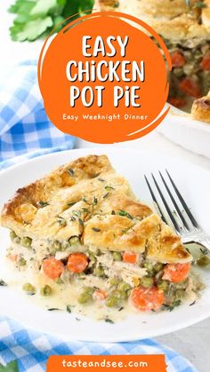 an easy chicken pot pie recipe on a white plate with a fork next to it