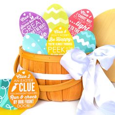 an easter basket filled with decorated eggs